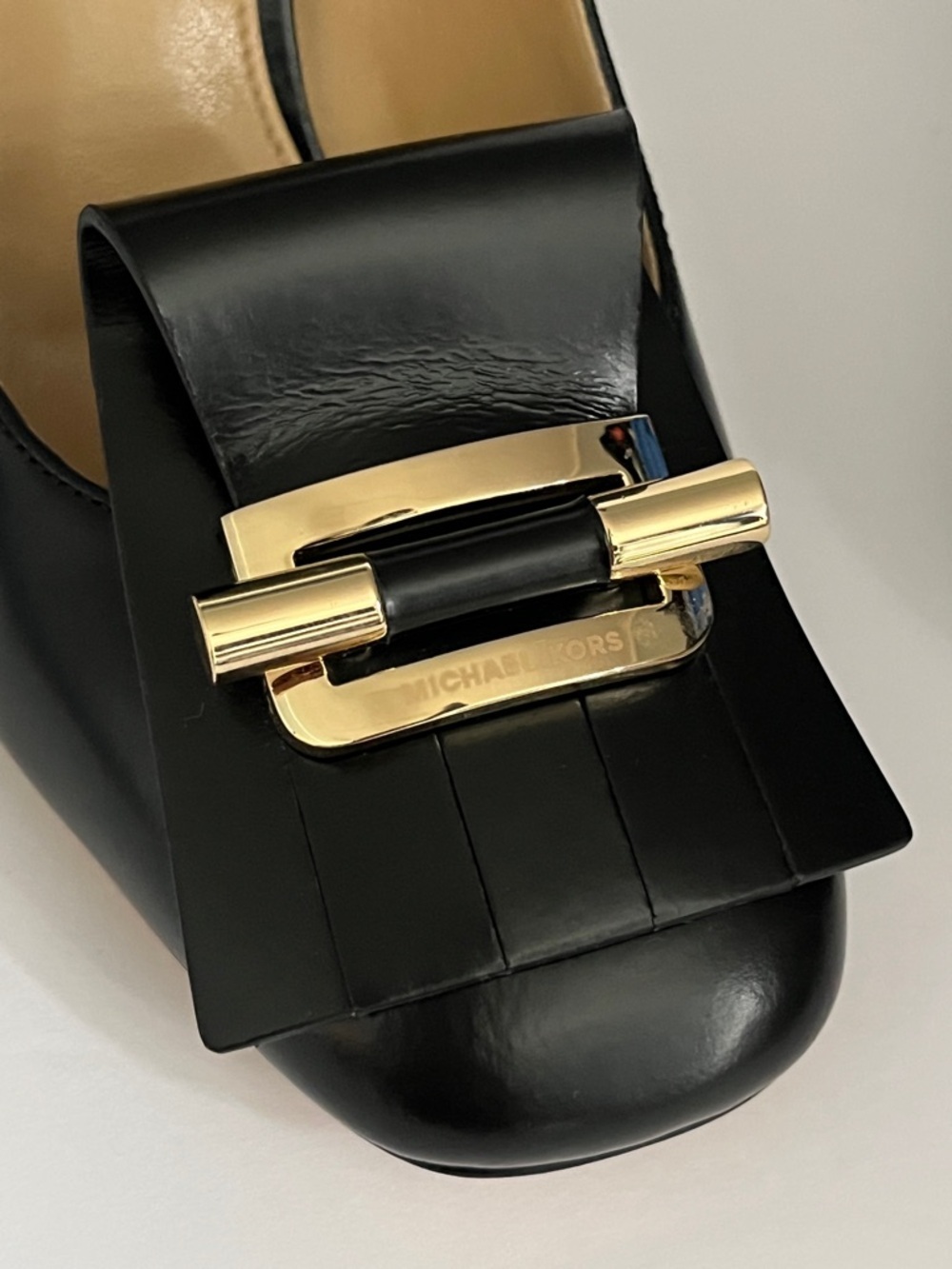 Michael Kors Gloria Kiltie Fringe Leather Pumps in Black with Gold-Tone Buckle - Picture 15 of 15